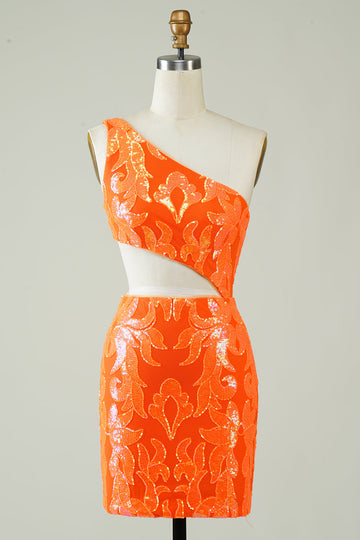 Orange One Shoulder Glitter Homecoming Vestido con hueco